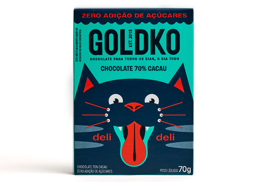 Embalagem do chocolate amargo GoldKo 70% cacau, com zero adição de açúcares, ilustrada com desenho estilizado de um gato preto com língua vermelha e verde, destacando o conceito “deli” e peso líquido de 70g.
